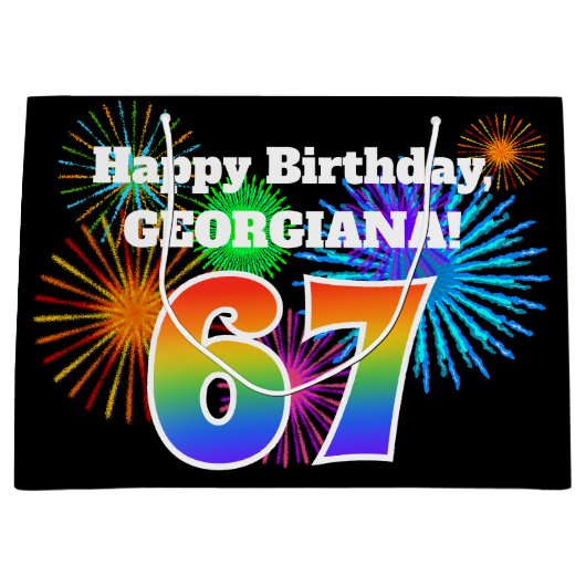Grand Sac Cadeau Fun Fireworks + Rainbow Motif "67" Anniversaire # (Devant)