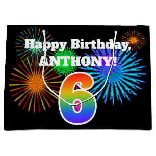 Grand Sac Cadeau Fun Fireworks + Rainbow Motif "6" Anniversaire #
