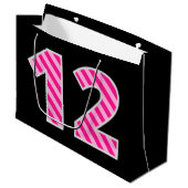 Grand Sac Cadeau Fun rose rayé "12"; Joyeux 12e anniversaire; Nom (Devant Angle)