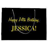 Grand Sac Cadeau Fun rose rayé "14"; Joyeux 14e anniversaire; Nom (Dos)