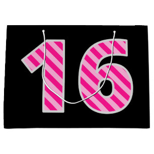 Grand Sac Cadeau Fun rose rayé "16"; Joyeux 16e anniversaire; Nom