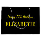 Grand Sac Cadeau Fun rose rayé "17"; Joyeux 17e anniversaire; Nom (Dos)