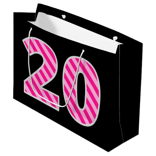 Grand Sac Cadeau Fun rose rayé "20"; Joyeux 20e anniversaire; Nom (Devant Angle)