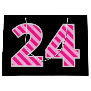 Grand Sac Cadeau Fun rose rayé "24"; Joyeux 24e anniversaire; Nom