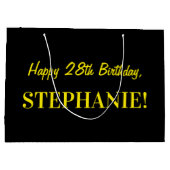Grand Sac Cadeau Fun rose rayé "28"; Joyeux 28e anniversaire; Nom (Dos)