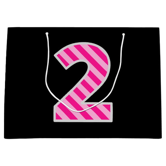 Grand Sac Cadeau Fun rose rayé "2"; Joyeux 2e anniversaire; Nom (Devant)