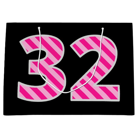 Grand Sac Cadeau Fun rose rayé "32"; Joyeux 32e anniversaire; Nom (Devant)