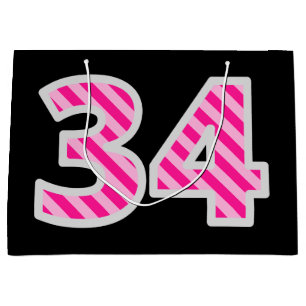 Grand Sac Cadeau Fun rose rayé "34"; Joyeux 34e anniversaire; Nom