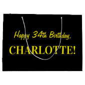 Grand Sac Cadeau Fun rose rayé "34"; Joyeux 34e anniversaire; Nom (Dos)