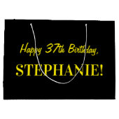 Grand Sac Cadeau Fun rose rayé "37"; Joyeux 37e anniversaire; Nom (Dos)