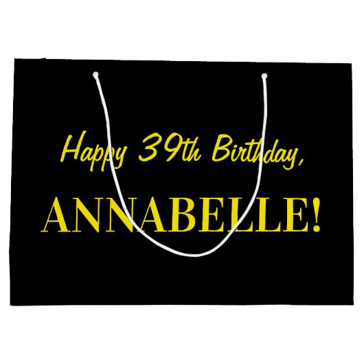 Grand Sac Cadeau Fun rose rayé "39"; Joyeux 39e anniversaire; Nom (Dos)