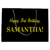 Grand Sac Cadeau Fun rose rayé "3"; Joyeux 3e anniversaire; Nom (Dos)