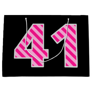 Grand Sac Cadeau Fun rose rayé "41"; Joyeux 41e anniversaire; Nom