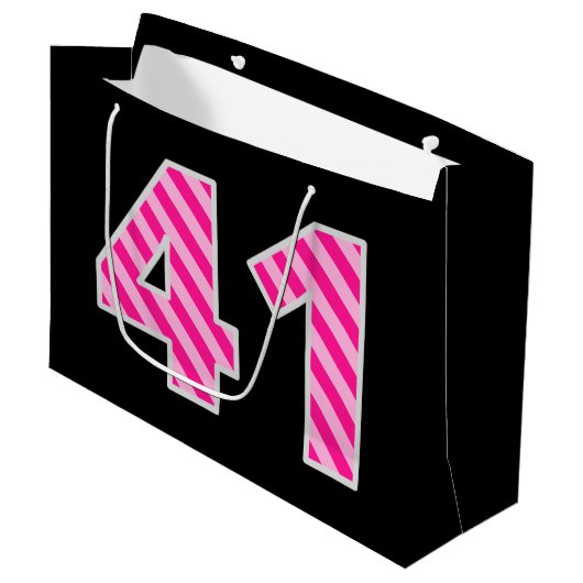 Grand Sac Cadeau Fun rose rayé "41"; Joyeux 41e anniversaire; Nom (Devant Angle)