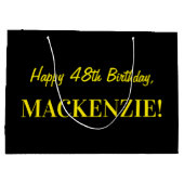 Grand Sac Cadeau Fun rose rayé "48"; Joyeux 48e anniversaire; Nom (Dos)