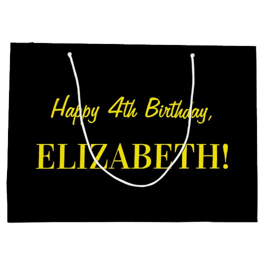 Grand Sac Cadeau Fun rose rayé "4"; Joyeux 4e anniversaire; Nom (Dos)