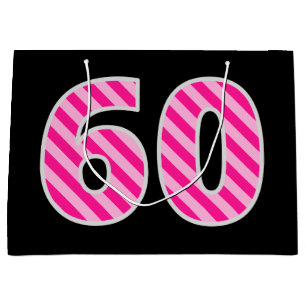 Grand Sac Cadeau Fun rose rayé "60"; Joyeux 60e anniversaire; Nom