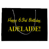 Grand Sac Cadeau Fun rose rayé "63"; Joyeux 63e anniversaire; Nom (Dos)