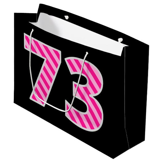 Grand Sac Cadeau Fun rose rayé "73"; Joyeux 73e anniversaire; Nom (Devant Angle)