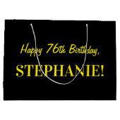 Grand Sac Cadeau Fun rose rayé "76"; Joyeux 76e anniversaire; Nom (Dos)