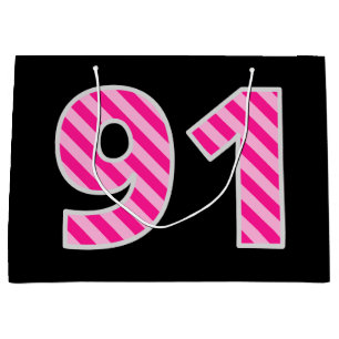 Grand Sac Cadeau Fun rose rayé "91"; Joyeux 91e anniversaire; Nom