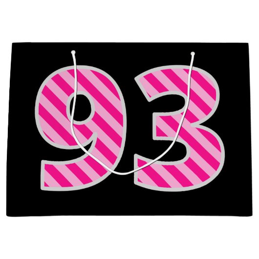 Grand Sac Cadeau Fun rose rayé "93"; Joyeux 93e anniversaire; Nom (Devant)