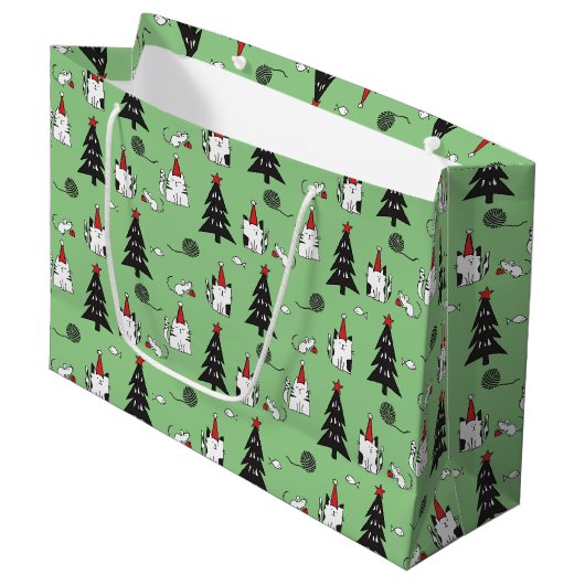 Grand Sac Cadeau Funny Cats Christmas pattern green (Devant Angle)