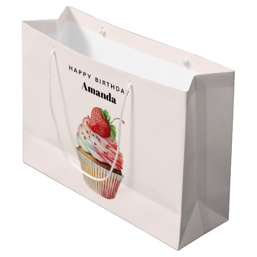 Grand Sac Cadeau Gâteau Cupcake Fraise Dessert Anniversaire (Devant Angle)