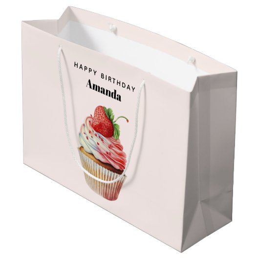 Grand Sac Cadeau Gâteau Cupcake Fraise Dessert Anniversaire (Dos Angle)