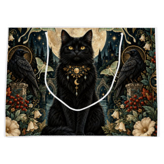 Grand Sac Cadeau Gato Negro Gótico Celestial con Luna y Cuervos.