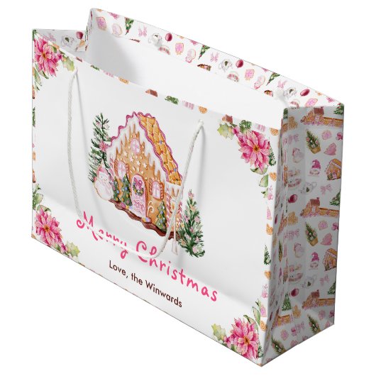 Grand Sac Cadeau Gingerbread House Pink Merry Christmas (Devant Angle)
