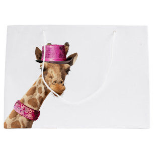 Grand Sac Cadeau Giraffe en casquette rose étincelant