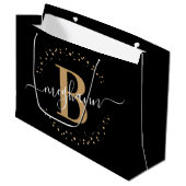 Grand Sac Cadeau Girly Elegant Black Gold Nom Monogramme Script (Devant Angle)