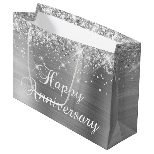 Grand Sac Cadeau Glittery Argent Fancy Happy Anniversaire (Devant Angle)