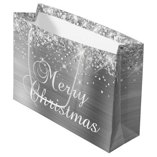 Grand Sac Cadeau Glittery Argent Fancy Joyeux Noël (Devant Angle)