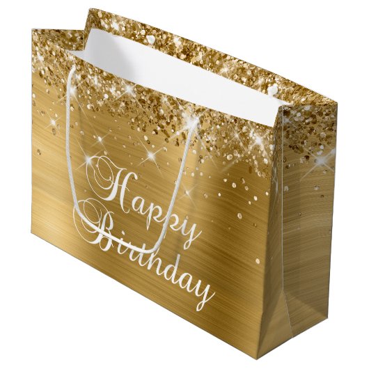 Grand Sac Cadeau Glittery Gold Foil Fancy Joyeux anniversaire (Devant Angle)
