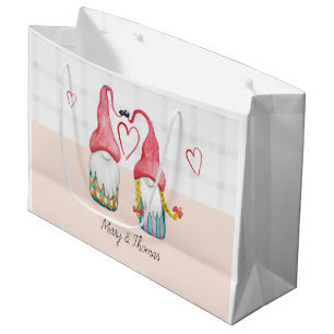 Grand Sac Cadeau Gnome de Noël en amour Aquarelle peinte à la main
