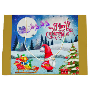 Grand Sac Cadeau Gnome de Noël enneigé et cadeaux du traîneau du Pè