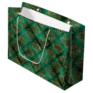 Grand Sac Cadeau Gold Green Holiday Noël Métallo Damas