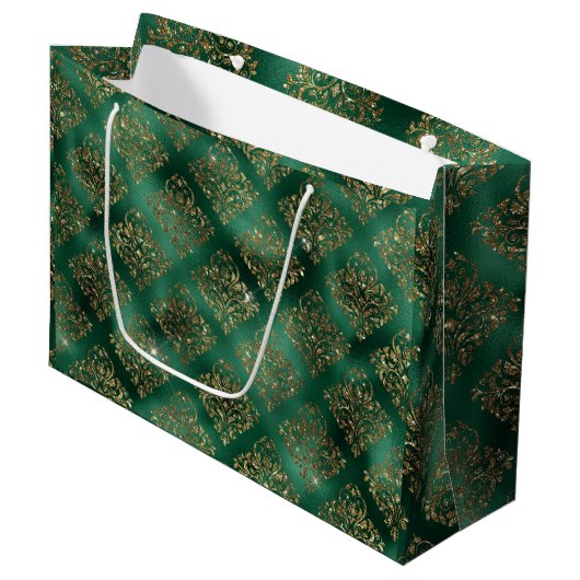 Grand Sac Cadeau Gold Green Holiday Noël Métallo Damas (Devant Angle)