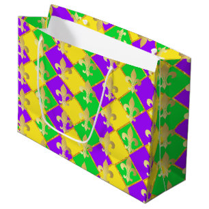 Grand Sac Cadeau Gold Green Mardi Gras Harlequin Motif