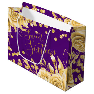 Grand Sac Cadeau Gold Purple Sweet 16 Parties scintillant Confetti 