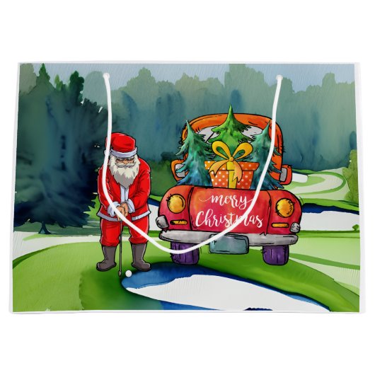 Grand Sac Cadeau Golf Noël Santa Claus avec camion rouge sur vert (Devant)