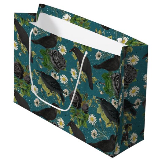 Grand Sac Cadeau Goth Crows et Roses noirs Profond Turquoise Motif (Devant Angle)