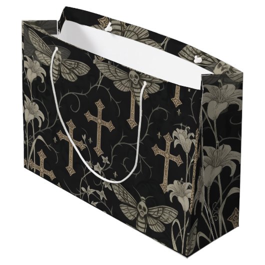 Grand Sac Cadeau Gothic Moth & Cross Damask Gift Bag (Dos Angle)