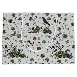 Grand Sac Cadeau Gothique Gris Jour de la Saint Patrick Crâne flora