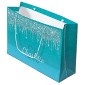 Grand Sac Cadeau Gouttes de paillettes bleu sarcelle monogramme sci (Devant Angle)