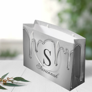 Grand Sac Cadeau Grandes gouttes Chrome Argent Monogramme Métal Liq