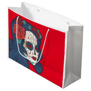 Grand Sac Cadeau Grands roses rouges de crâne femelle de sucre
