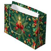 Grand Sac Cadeau Green Pattern Gold Candle Poinsettia Flower (Devant Angle)